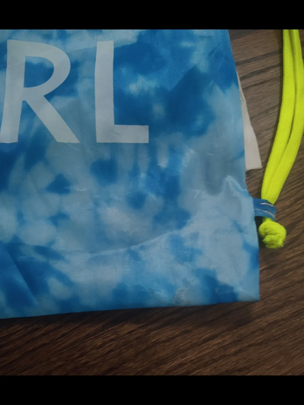 Athleta Girl Blue Tie-Dye Drawstring Bag with Neon Yellow Cords